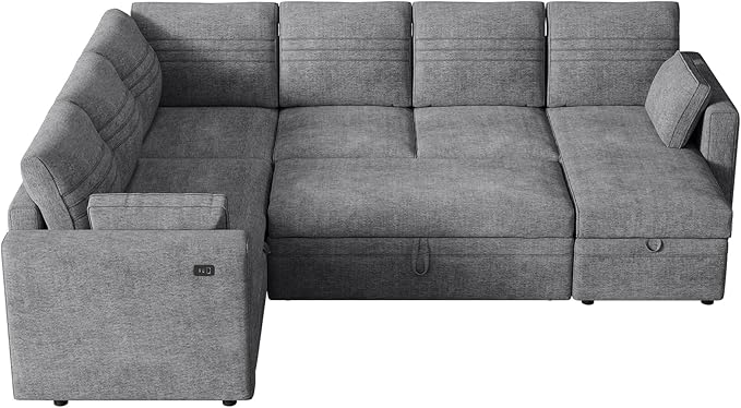 ONBRILL 105 Modular Sectional Sleeper Sofa with Pull Out Bed6 Seat Sectional Sleeper Sofa with Storage ChaiseUSB PortsModern U-Shaped Couches for Living RoomTool-Free AssemblyChenilleGrey