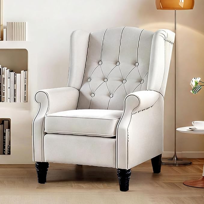 Softa Recliner Chair for Adults Mid Century Wingback Pushback Accent Chair with Rivet Decoration Tufted Upholstered Single Sofa Armchair for Living Room Bedroom Study (Fabric White)