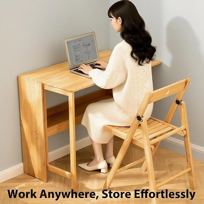 41'' Bamboo Folding Desk with Bookshelf – Space-Saving Computer Desk for Small Spaces Foldable Study Table Mid Century Modern for Home Office &amp Bedroom - Primary Color