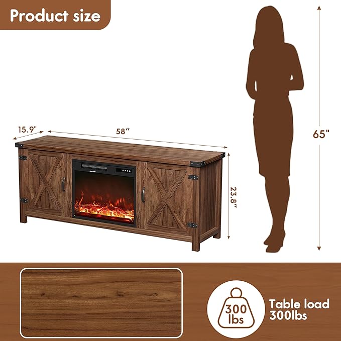 YESHOMY Fireplace TV Stand with Two Barn Doors and Storage Cabinets for Televisions up to 65+ Inch Entertainment Center Console Table Media Furniture for Living Room 58 Inch Walnut