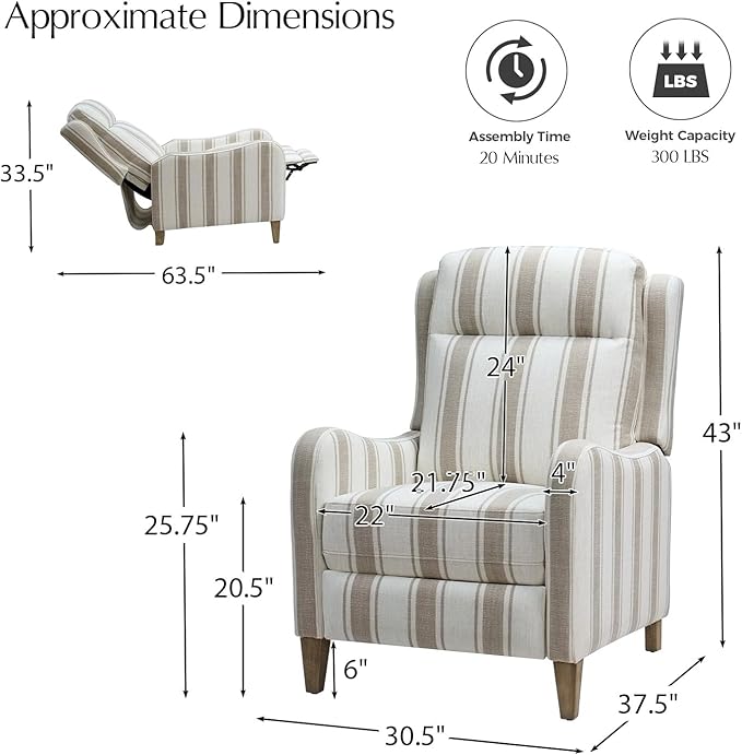 HULALA HOME Pushback Recliner Chair with Solid Wood Legs Fabric Striped Comfy Upholstered Seating with Footrest Armchair for Living Room/Reading TAN