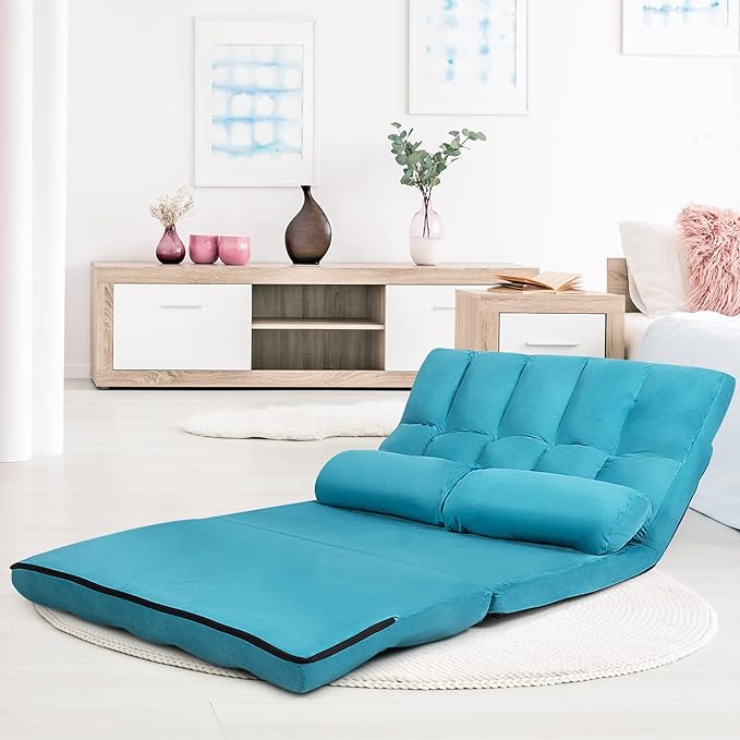 COSTWAY Floor Sofa Couch with 2 Pillows Foldable 6-Position Adjustable Lazy Sofa Bed Sleeper with Metal Frame Soft Suede Fabric Gaming Playing Lounge Recliner for Adults (Blue)