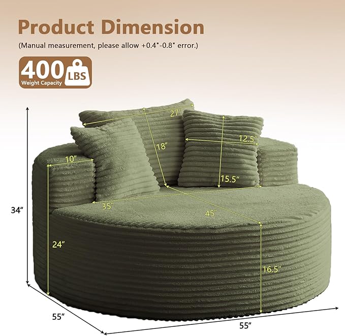 Oversized Round Chair Lounge Chaise Indoor Upholstered Corduroy Deep Seat Cloud Large Circle Sofa Chair No Assembly Required Fluffy Modern Sleeper Sofa Bed for Reading Living Room Bedroom Green