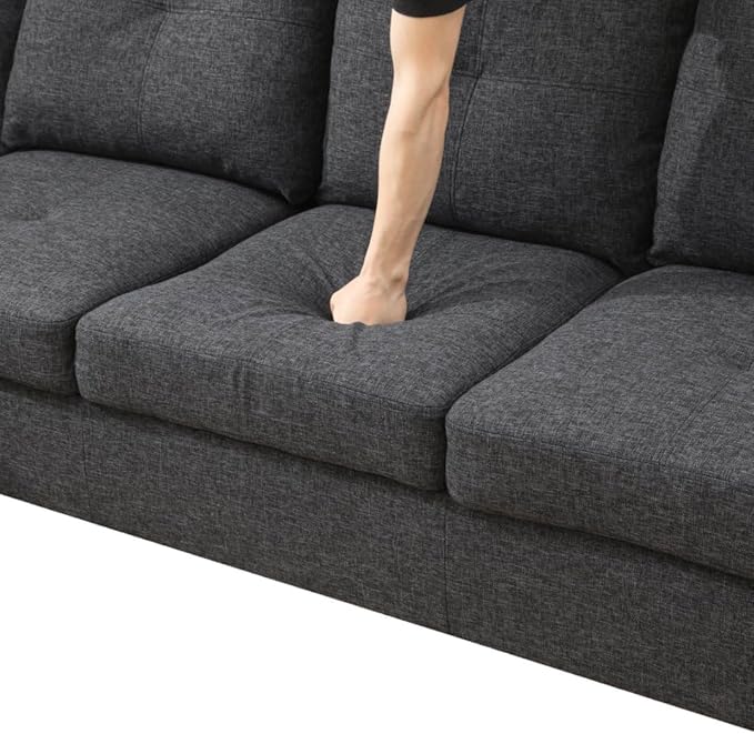 L-Shaped 3-Piece Flannel Sofa with Storage Ottoman Set Sectional Couch Sofa Set for Living Room Office Small Space Black Grey