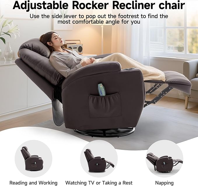 Recliner Chair Rocker Recliner Chair with Massage and Heat Manual Recliner Chairs for Adults 360° Swivel Rocker Recliner with Remote Control and Cup Holder for Living Room Nursery