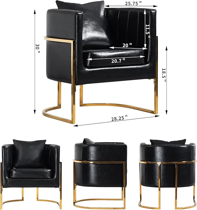 Modern Leather Accent Chairs Set of 2 Mid Century Upholstered Barrel Armchair with Pillow for Living Room Comfy Single Vanity Chair with Metal Gold Legs for Bedroom Black