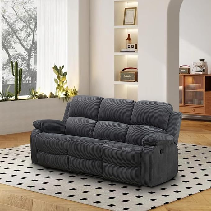 Manual Recliner Sofa 3 Seater Reclining Sofa Dark Grey Flannel Recliner Couch for Living Room