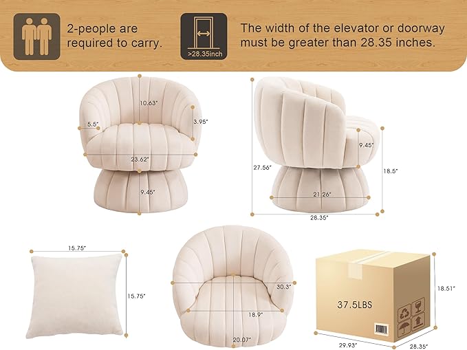 Mid Century Modern 360 Degree Barrel Swivel Accent Sofa ChairFluffy Velvet Fabric Lounge Wide Upholstered Pumpkin Reading Chair Round Cloud Armchair for Living RoomBedroomVanity(Beige)