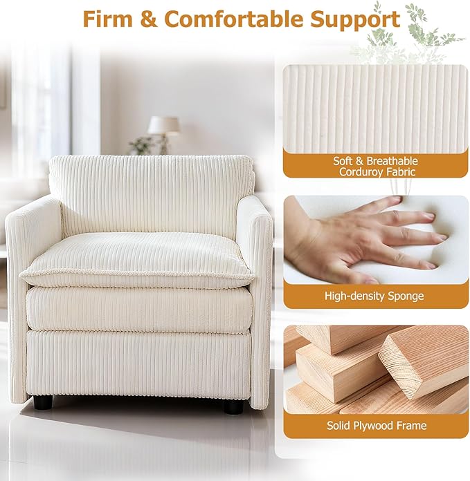 KOMFOTT Oversized Accent Chair with Ottoman Comfy Corduroy Single Sofa Couch w/Soft Cushions &amp Deep Seat Large Upholstered Armchair Reading Chair for Living Room Bedroom Apartment (Beige)