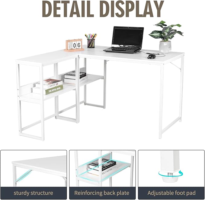 UNICOO – Muti-Function 3 Combination Computer Desk. L Shaped Computer Desk with Shelves Study Desk with Reversible Storage Shelves for Home Office (XJH-2402 - White)