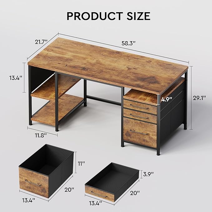 Ｍａｉｈａｉｌ Maihail Home Office Desk with Drawers Adjustable Shelves 59 inch Writing Desk with File Cabinet Large Computer Desk with Storage Vintage Brown2