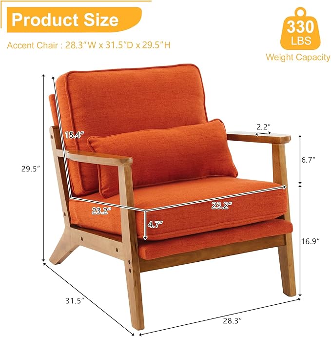 Karl home Accent Chair Wide Armrest Mid-Century Lounge Chair Linen Fabric Armchair with Lumbar Pillow &amp Solid Wood Frame for Living Room Bedroom Balcony Burnt Orange