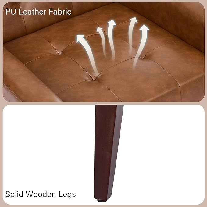 Accent Chair Comfy Mid Century Modern Small Armchairs with Solid Wood Frame and Soft Cushion for Living Room Bedroom (Faux Leather Coffee Set of 2)