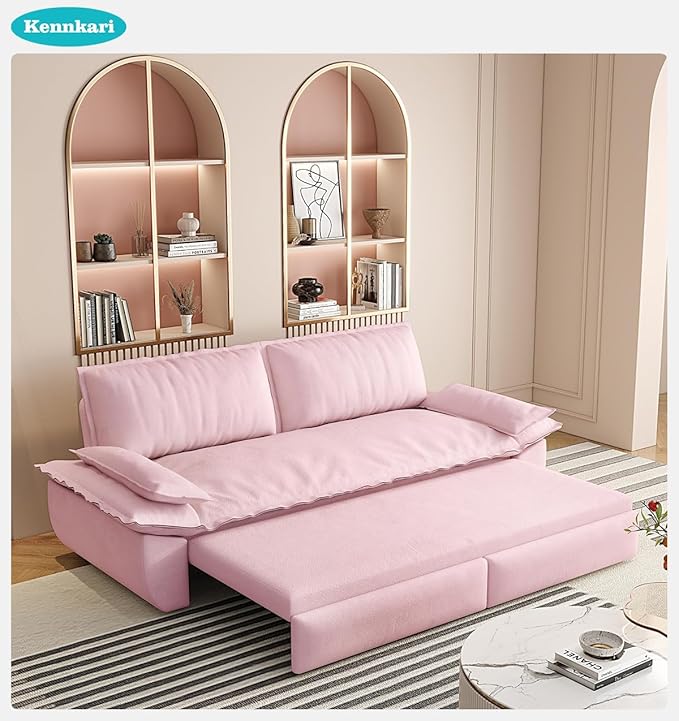 73.2 Queen Size 3-in-1 Convertible Pull Out Sofa Bed with Wheels Multi-Functional Velvet Loveseat Bed for Living Room and Bedroom (Pink)