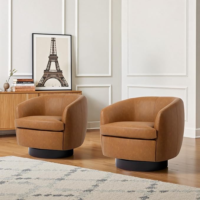 Swivel Barrel Accent Chair Comfy Modern Upholstered Round Faux Leather Reading Arm Chair for Living Room Bedroom (Light Brown Set of 2)