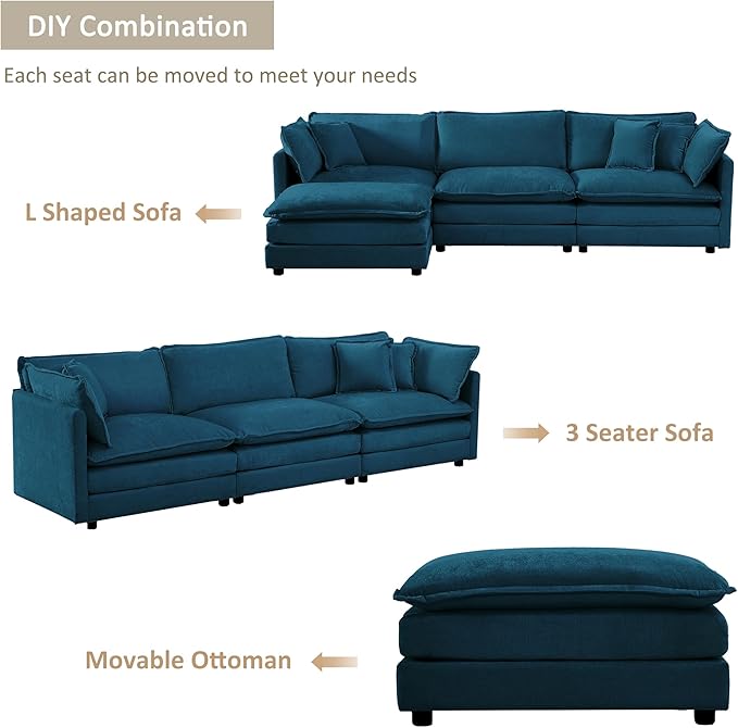 111.42 Modular Sectional Sofa Convertible Modern L Shaped Sofa Blue Chenille Deep Seat Cloud Couches Set with Ottoman for Living Room Bedroom Apartment Office 3 Seater