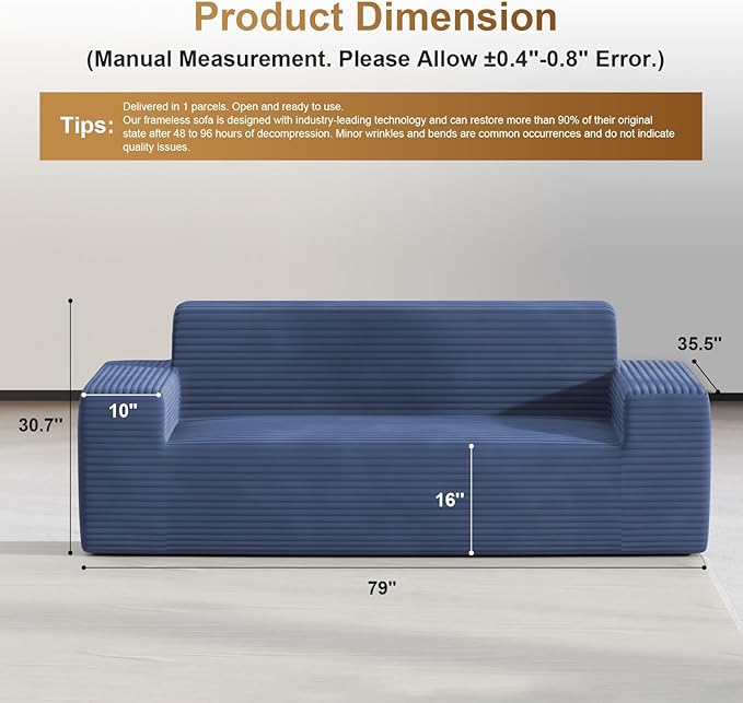 Vivvadecor 79 Corduroy Floor Foam Sofa Sofa-in-a-Box Modern 3-Seater Couch with 24 Deep Seat No Assembly Needed Sofas for Compact Living Room Apartment Home Office Navy Blue