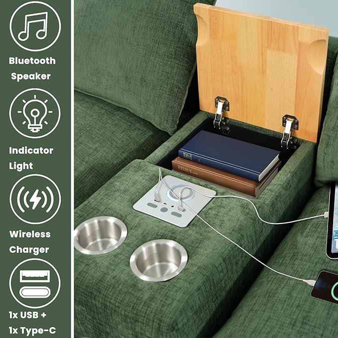 Brelice Modular Sofa Console with Wireless Charging &amp Bluetooth Speaker - All-in-One Armrest Organizer with Wired Charging Storage Tray Volume Control for Sectional Couch Living Room