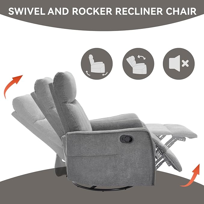 360°Swivel in Fabric Reclining ChairsHeat Massage Manual Recliner ChairSmall Recliners SpacesSingle Lazyboy Recliner Sofa for Living RoomRVBedroomGrey