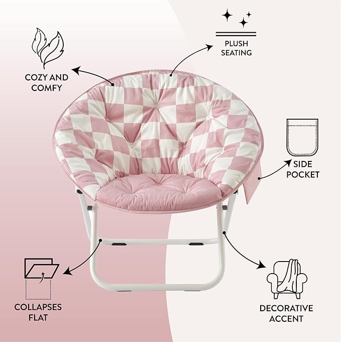 Urban Lifestyle Printed Back Micromink Saucer™ Chair with White Legs and Side Storage Pocket Pink and White Check