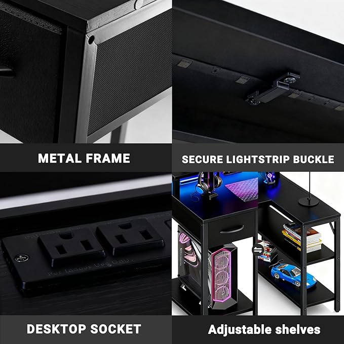 Simple Deluxe 47-inch L-Shaped Gaming Desk with LED Lights &amp Power Outlets Reversible Corner Computer Desk with Monitor Riser Drawer &amp Shelves for Home Office Black