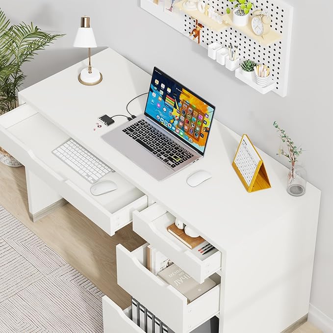 52 Inch White Desk with 4 Drawers Computer Desk with Storage for Small Spaces with Storage File Drawer Small Home Office Desk with Drawers for Bedroom