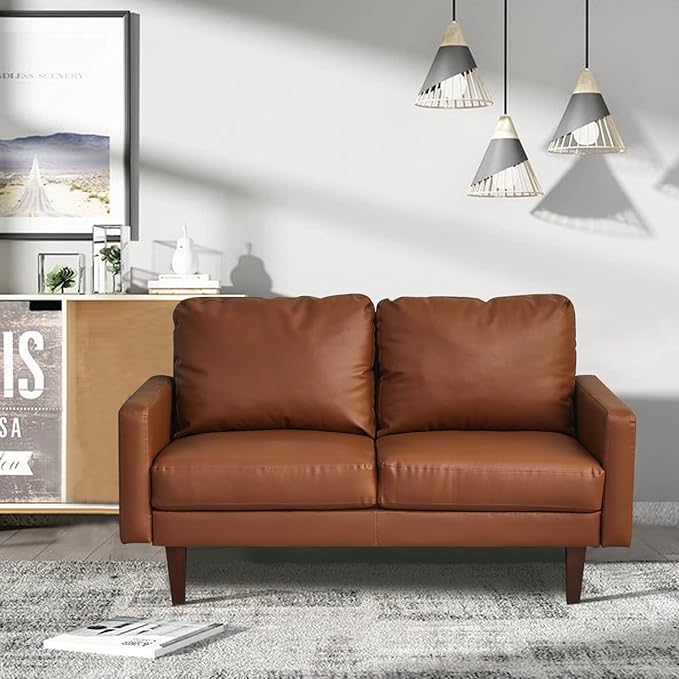 INSTORY Leather Loveseat Comfy Sofa Modern Couch with Wooden Legs for Living Room Office - Brown
