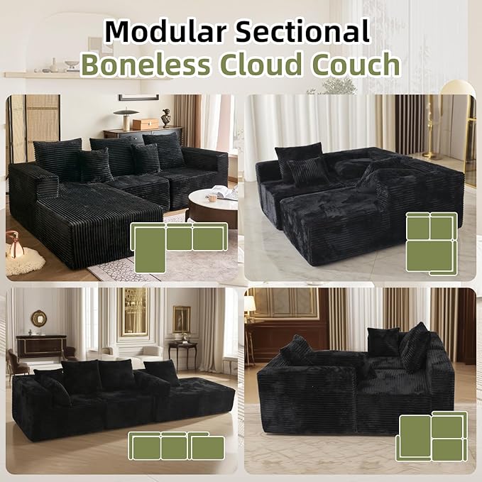 108'' Boneless Couch Sectional Boneless Couch w/Deep Seat Cloud Boneless Couches w/Stripe&amp Flannel Fabrics Boneless L Shaped Couches for Living Room Right Facing Chaise Black
