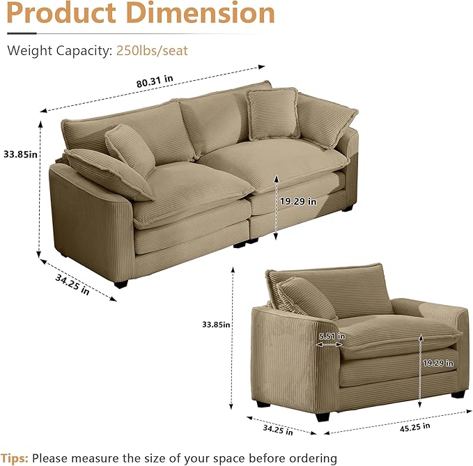 mikibama Luxury 2 Piece Sofa Set Loveseat Couch &amp Sofa Armchair Set Modern Corduroy Comfy Cloud Couches Set for Living Room Office with 2 Armrest Pillows and 3 Toss Pillows Camel