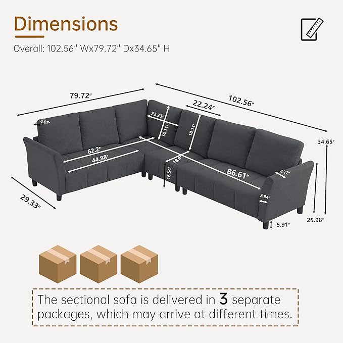 Convertible Sectional Sofa L Shaped Couch with Removable Washable Covers 6 Seat Sofa Couch with Friendly Fabrics Modern Corner Sofa for Living Room Apartment Office Dark Grey