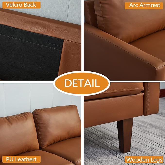 INSTORY Leather Loveseat Comfy Sofa Modern Couch with Wooden Legs for Living Room Office - Brown