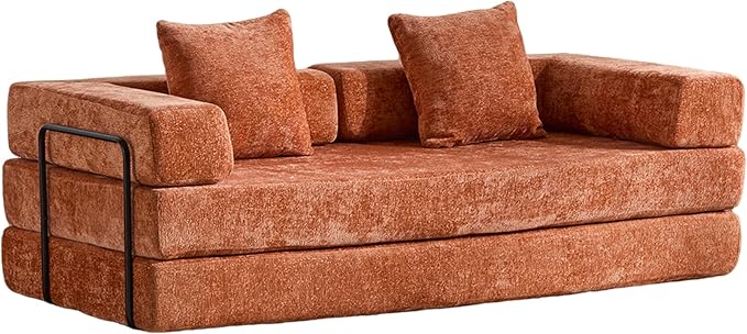 77 Convertible Sleeper Sofa Bed with Fixed-Shape Frame Modern Chenile Folding Boneless Couch with 2 Pillows Comfy Floor Sofa Couch for Living Room No Assembly Required Orange