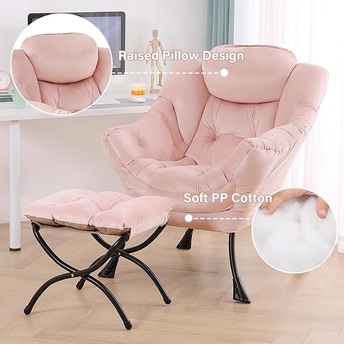 Tiita Lazy Chair with Ottoman Pink Modern Large Accent Chair Comfy Leisure Sofa Armchair with Ottoman Reading Chair with Footrest for Bedroom Living Room Dorm Rooms Velvet Pink