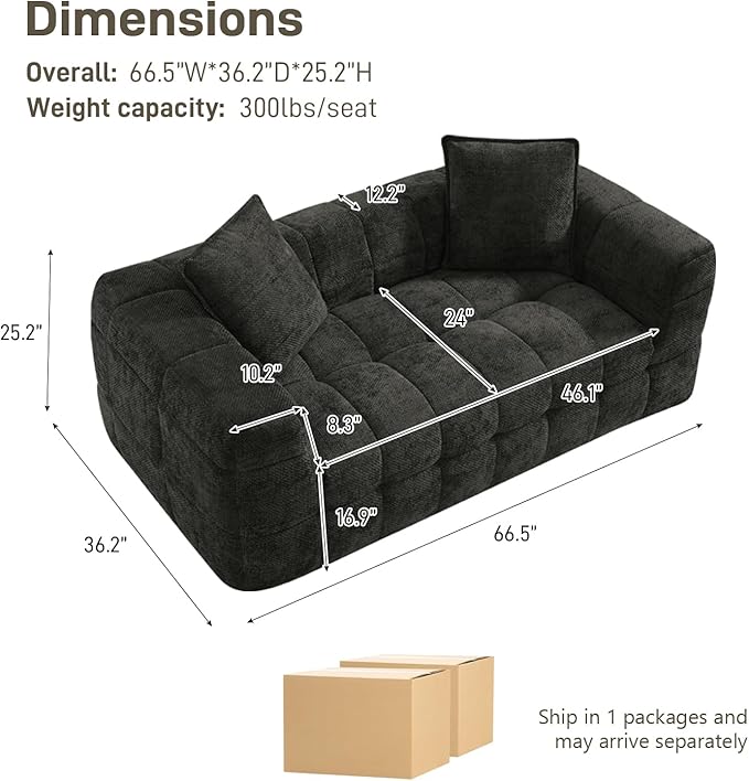 66.5 Loveseat Boneless CouchComfy Cloud Sectional Sofa with Deep SeatModern Upholstered Chenille Love Seat Sofa Small Couches for Living Room No Assembly Required Tufted Sofas Black