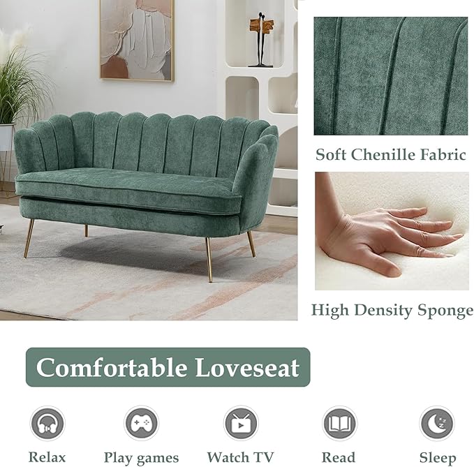 59 Wide Modern Boucle Loveseat Small Sofa Small Mini Room Couch 2-Seater Sofa with Gold Metal Legs for Space Office Studio Apartment Bedroom (Green)