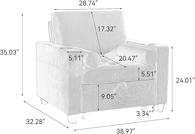 39 Convertible Sleeper Chair Comfy Corduroy Single Sofa Chair with Pull-Out Bed Sleeper Sofa Bed with 3-Levels Adjustable Backrest Side Pocket Cup Holder USB Ports for Living Room Green