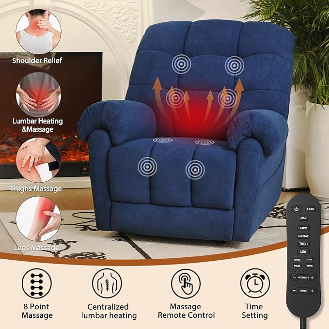 EONIX Power Rocker Recliner Chair Lazy Boy Recliner Rocking Chair for Adults and Nursery Electric Recliner Chair with Heat and Massage for Living Room Bedroom Study Room Relaxation Navy Blue
