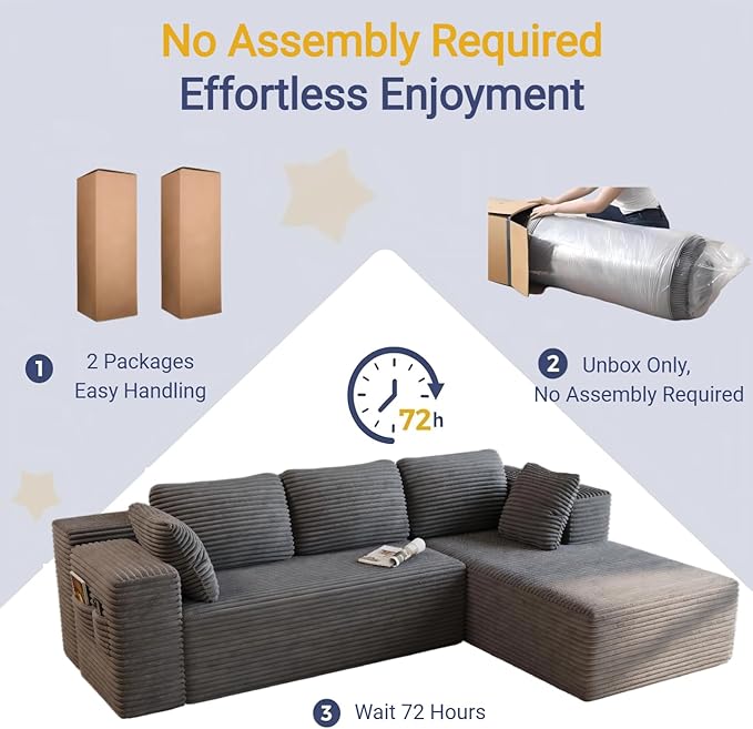 L Shaped Cloud Sectional Couch for Living Room 105 Modern Corduroy Modular Frameless Floor Sofa with Chaise Memory Foam Deep Seat &amp Non-Slip Base No Assembly Required (Grey)