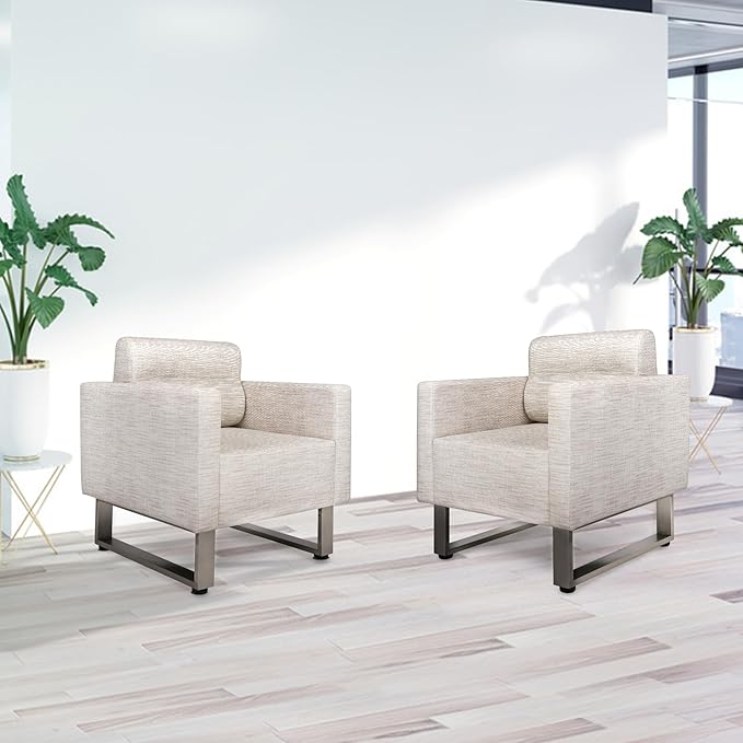 LUCKYERMORE Waiting Room Chair Set of 2 Large Guest Club Chairs for Studio Office Reception Couch Lobby Lounge Accent Chairs Soft Leather Side Arm Chair Sofa for Bedroom Living Room Beige+White