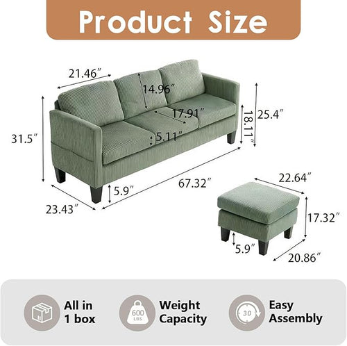 (New) 3 Seater Couch with Ottoman Green Couch with Removable Pillows Velvet Sofas with Side Pockets L Shaped Sofa for Living Room Apartment (Olive Green)