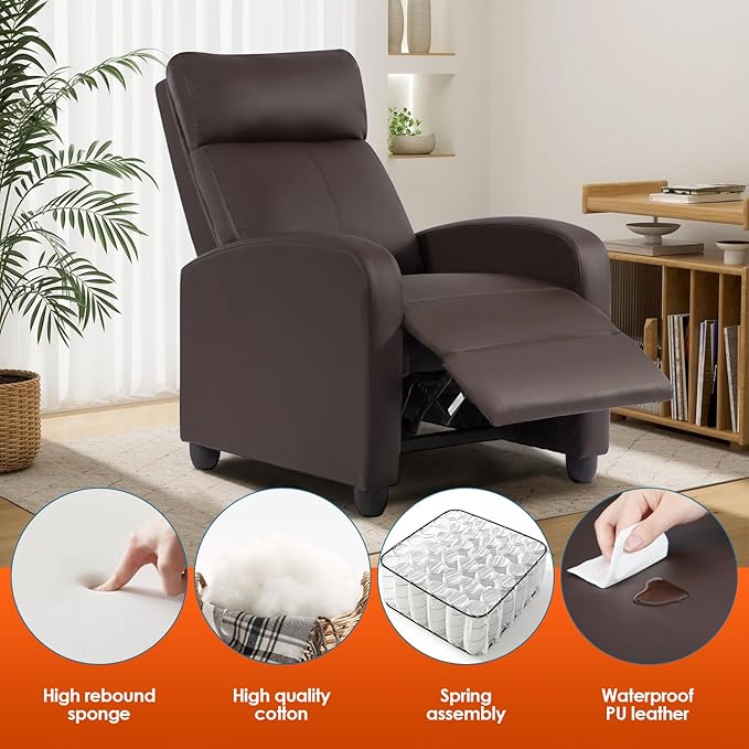 BestMassage | Recliner Chair | with 2 Point Massage Function | Pu Brown | with Lumbar Support Adjustable Push Back Footrest &amp Padded Seat | Easy Assembly | for Living Room Home Theatre