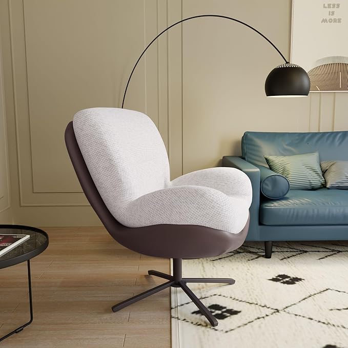 360° Swivel Office Chair Modern Chenille Chair with Faux Leather and Black Metal Base e No Wheels Accent Chair for Small Spaces Living Room Bedroom Reading Corner Office (White)