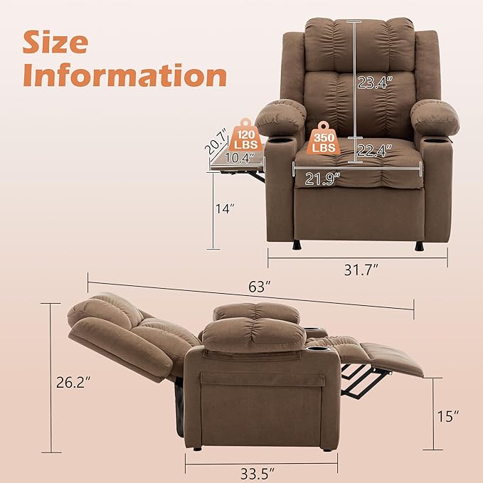 Brown Power Recliner Chair for Adults Single Sofa Recliner with Massage and Heat for Living Room Bedroom Upholstered Accent Reclining Armchair Blue