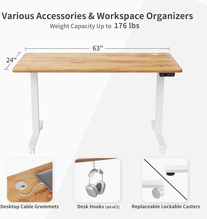 FEZIBO 63x24 Electric Height Adjustable Standing Desk Ergonomic Sit-Stand Home Office Workstation Light Rustic