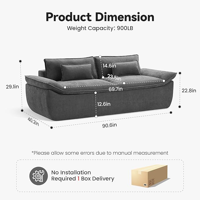 89 Cloud Boneless Loveseat Sofa Couch Deep Seat Love Seat Sofa with Lumbar Pillow 2-Seater Compressed Couches for Living Room Chenille Grey