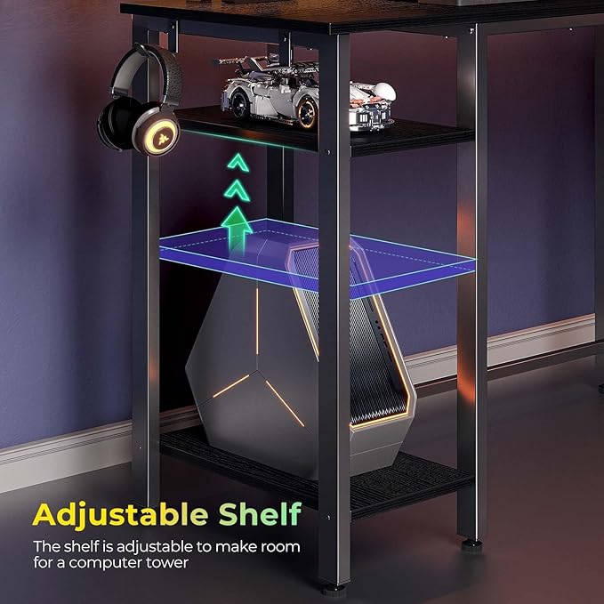 Rolanstar L Shaped Gaming Desk with LED Lights &amp Power Outlets 46.2 Computer Desk with Full Monitor Stand &amp Storage Shelf Corner Desk with Hooks Carbon Fiber Desk Reversible