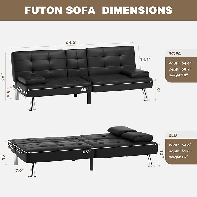 Homall Futon Sofa Bed Leather Futon Couch with Removable Armrests Adjustable Recliner Sleeper Sofa Bed with Dual Cup Holders for Living Room Apartment Office (Black)