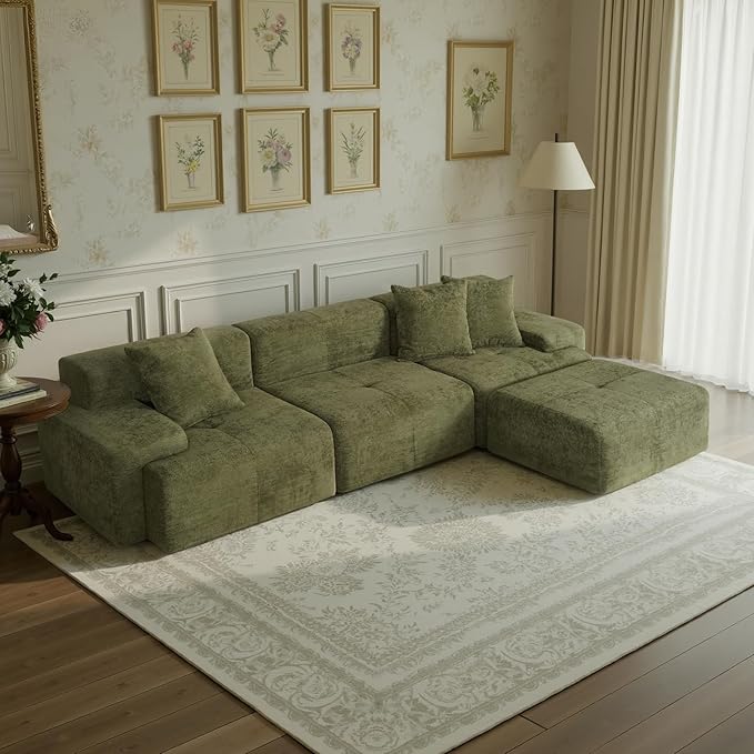 117 Modular Sectional Sofa Couch Chenille Upholstered Boneless Couch Oversized L-Shaped Cloud Sectional Couch with Ottoman &amp Deep Seating No Assembly Green