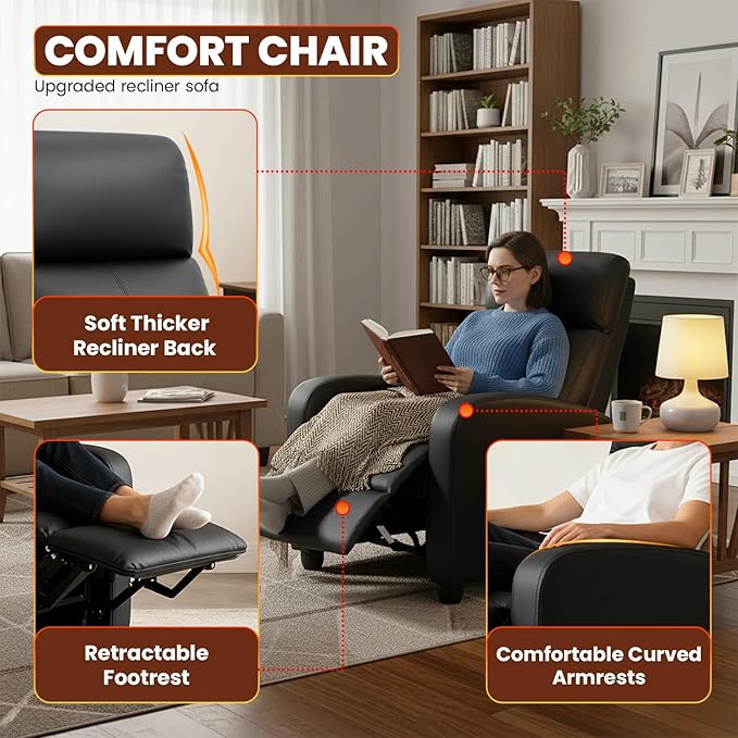 BestMassage Recliner Chair with Adjustable Backrest &amp Footrest PU Leather Armchair with Lumbar Support for Living Room Home Theater Bedroom (Dark Black)