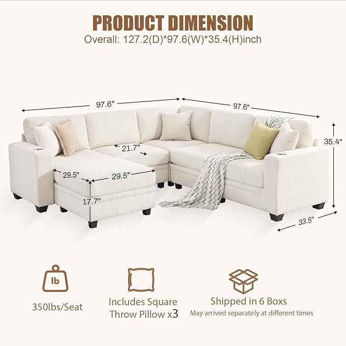 Modular Sectional Sofa Corduroy 6-Seater Corner Couch with Ottoman Chaise Convertible L-Shaped U-Shaped Sofa Sectional Couches for Living Room Apartment Beige